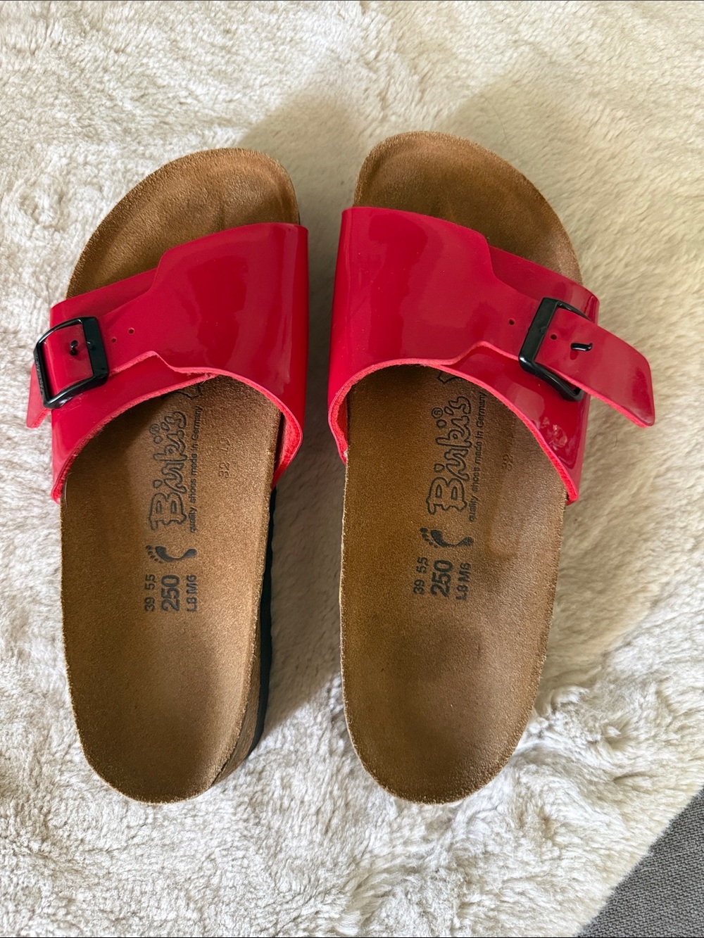 Birkenstock Glossy Single-Buckle Slide Platform Sandals in Bright Red